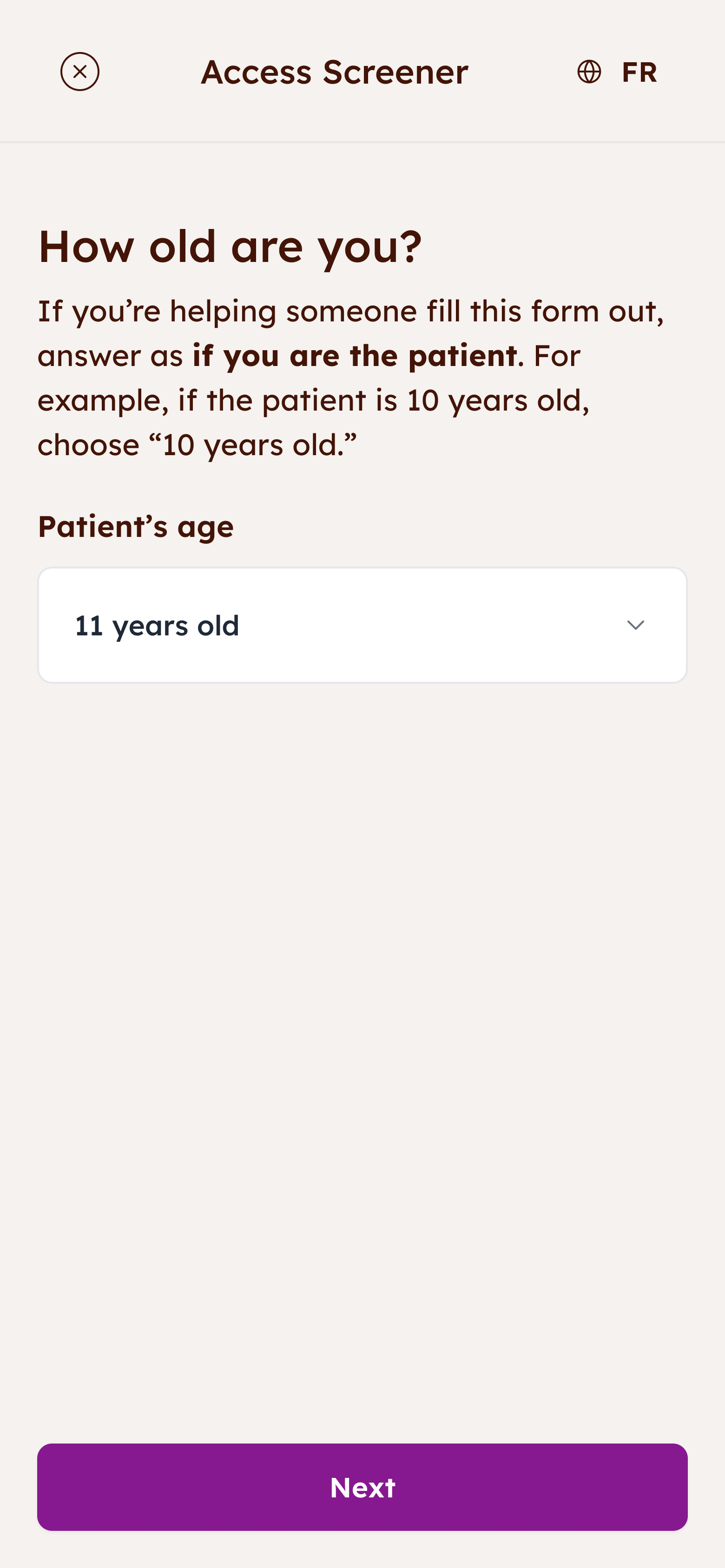 Screen showing patient age selection with a helper note explaining to fill the form as if you are the patient